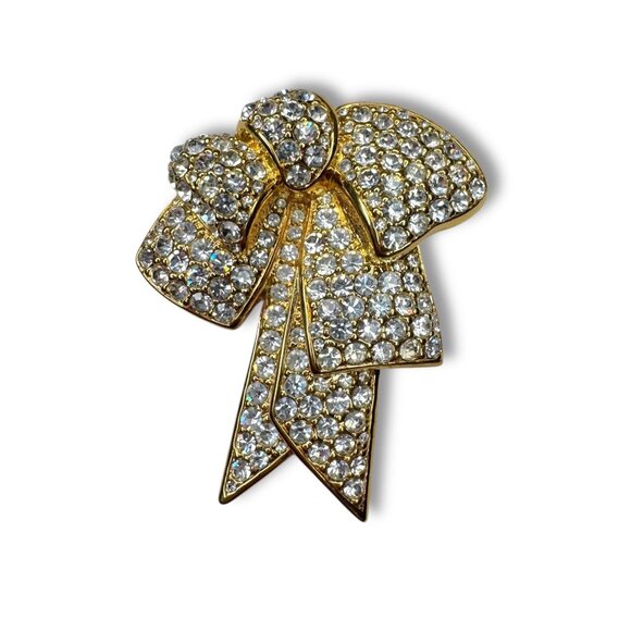 Nolan Miller Jewelry - Nolan Miller Gold Tone Double Bow Brooch Pavé Crystal Chatons